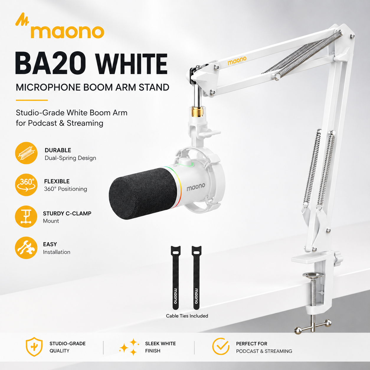 Maono BA20 白色款 – 播客与直播用专业级麦克风悬臂支架