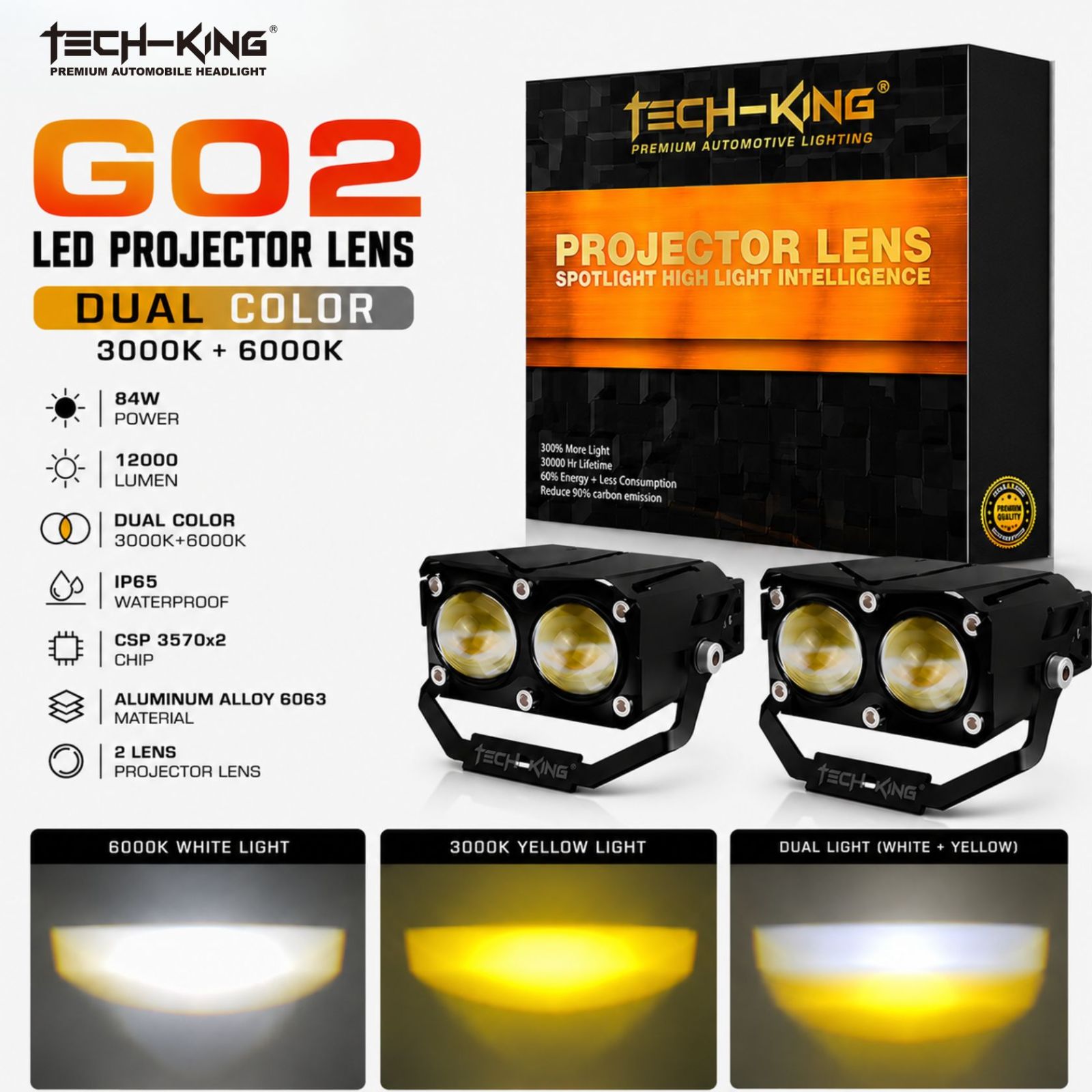 TECH KING G02 WHITE/YELLOW SPOTLIGHT LED PROJECTOR LENS 84W