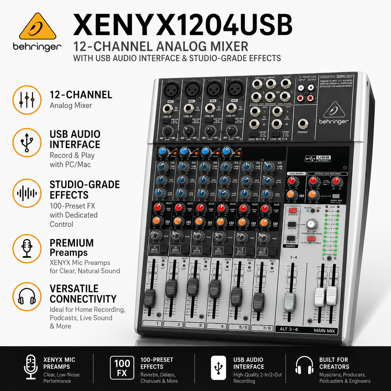 Behringer XENYX1204USB – Pencampur Analog 12 Saluran dengan Antara Muka USB & Kesan Gred Studio