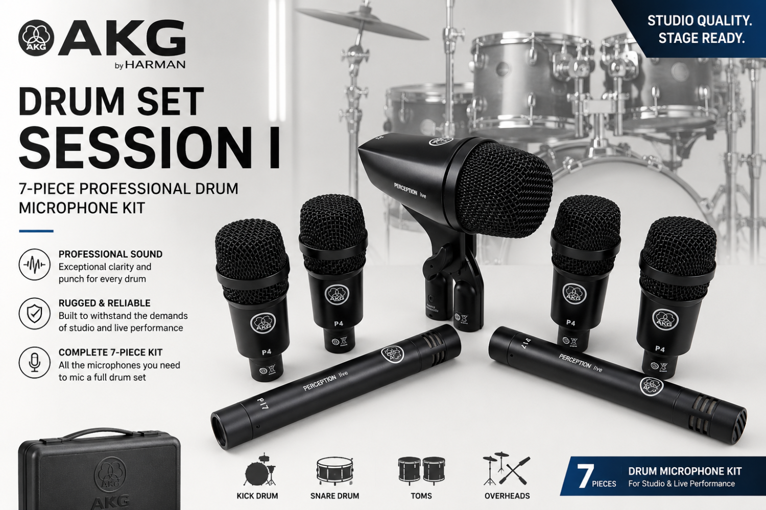 AKG Drum Set Session I 7-Piece Professional Drum Microphone Kit for Studio & Live Performance