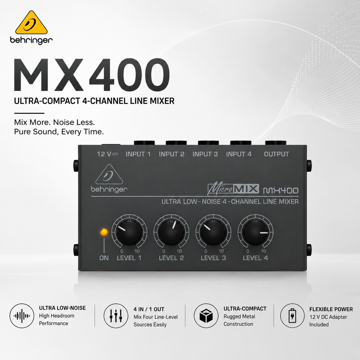 Behringer MX400 – Pengadun Garisan 4-Saluran Ultra Kompak untuk Audio Profesional & Rakaman