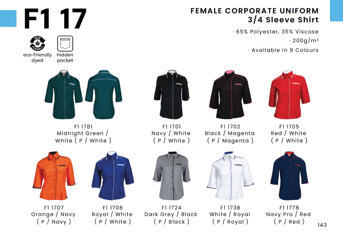 F1 17 Female Corporate Uniform 3/4 Sleeve Shirt | Premium Executive Office Uniform