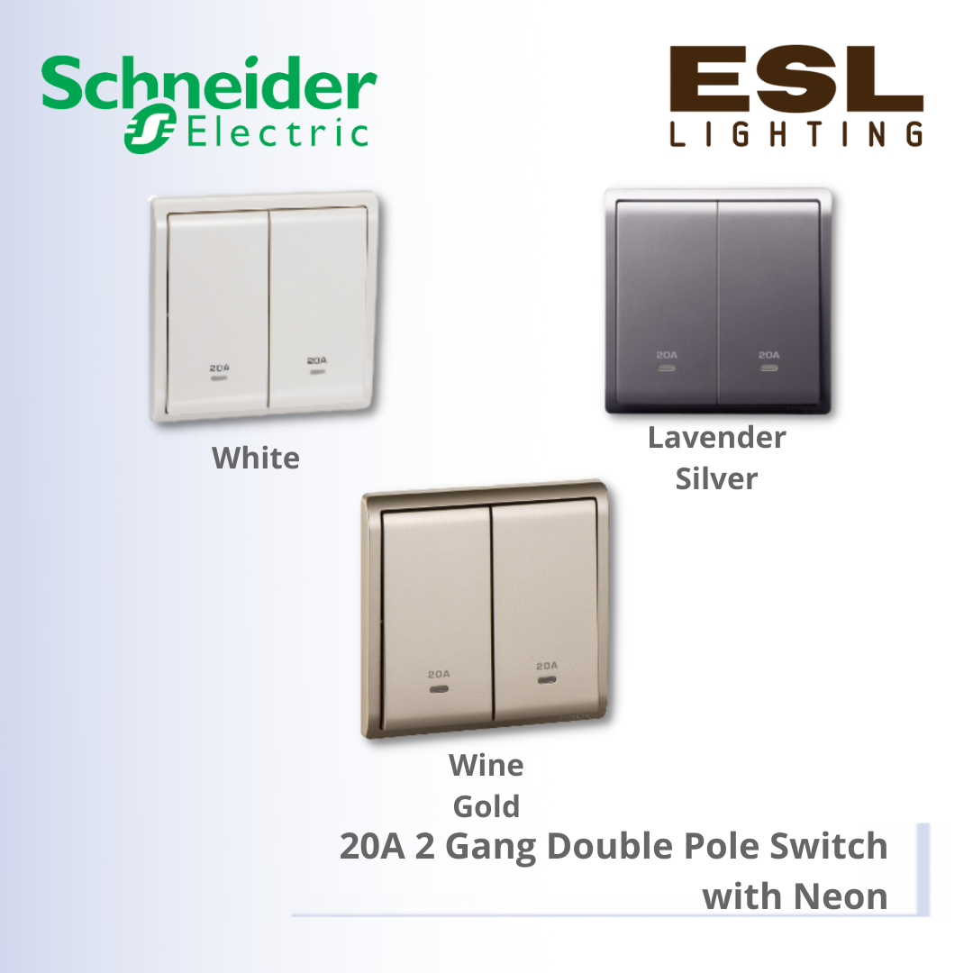 [DISCONTINUE] SCHNEIDER Pieno 20A 2 Gang Double Pole Switch with Neon - E8232D20N_WE_G11 E8232D20N_LS_G11 E8232D20N_WG_G11