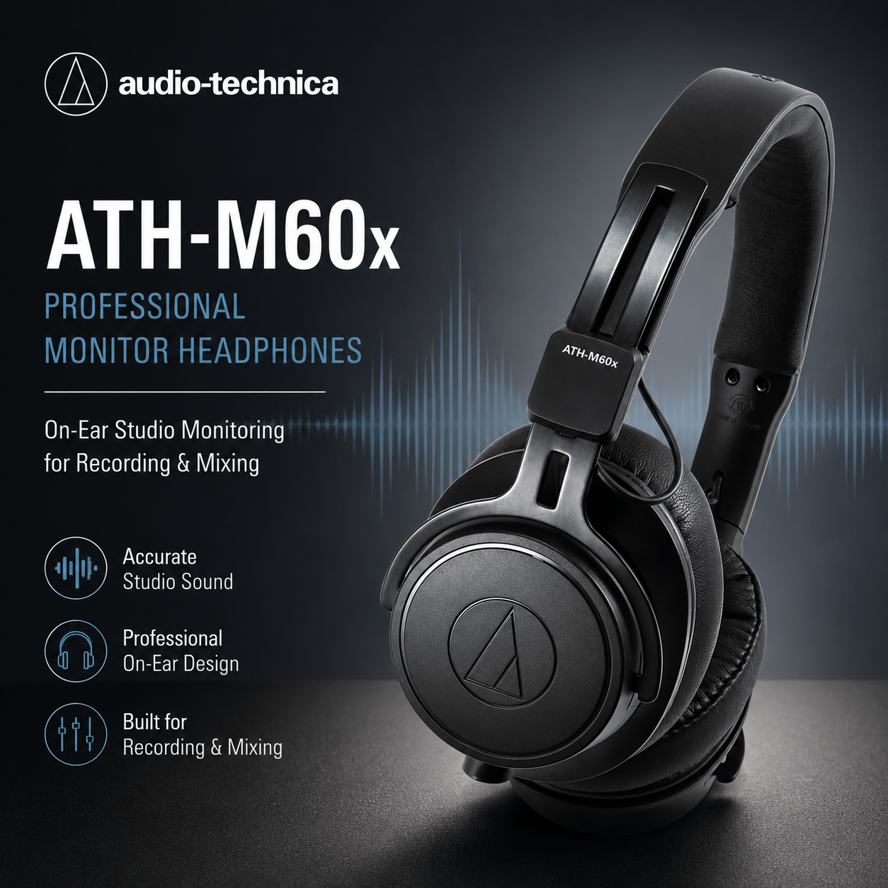 铁三角 Audio-Technica ATH-M60x 专业监听耳机｜录音室监听与混音耳机