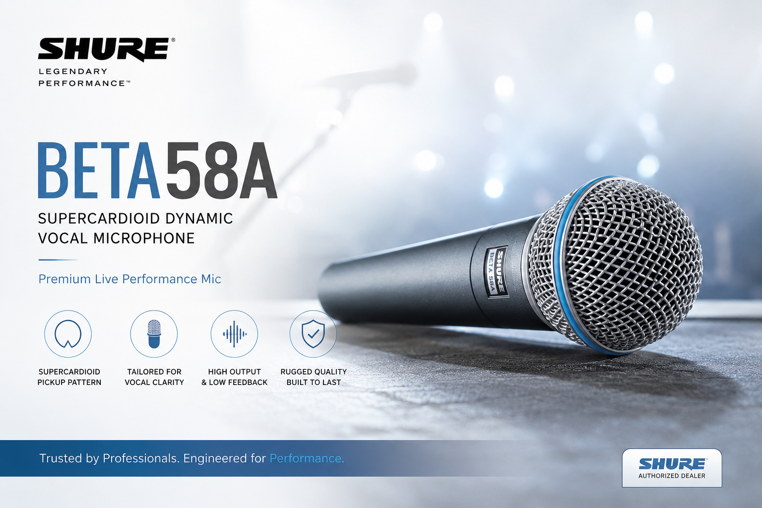 Shure BETA58A Mikrofon Vokal Dinamik Supercardioid – Mikrofon Persembahan Langsung Berprestasi Tinggi