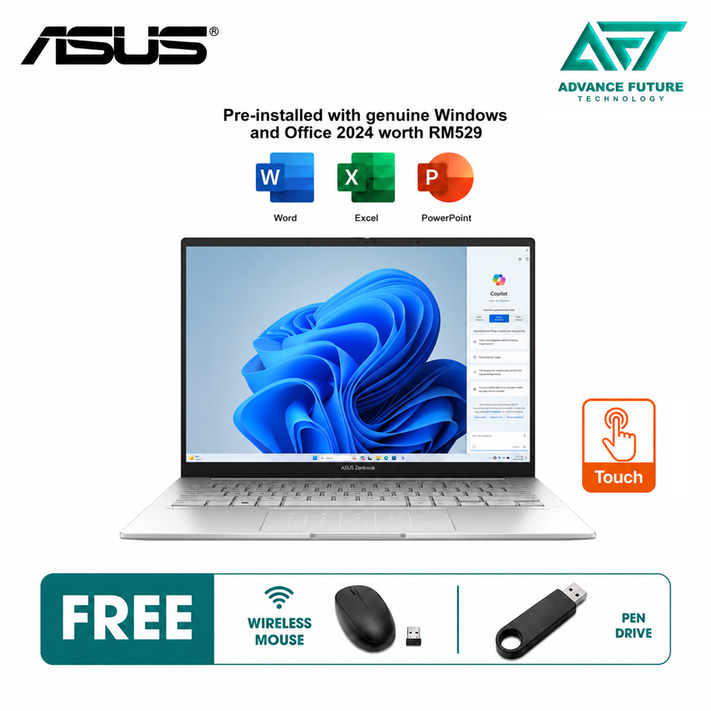 Asus Zenbook 14 OLED UX3405C-APZ146WS 14" 3K Touch Laptop Foggy Silver ( Intel Core Ultra 5 225H, 16GB, 512GB SSD, Intel, W11, H&S 2024&M365 )