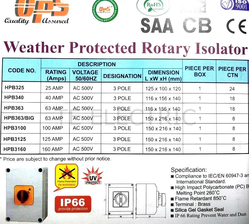 OPS 25A / 40A / 63A / 100A 3 POLE ISOLATING SWITCH WITH ENCLOSURE BOX IP66 WEATHERPROOF ISOLATOR