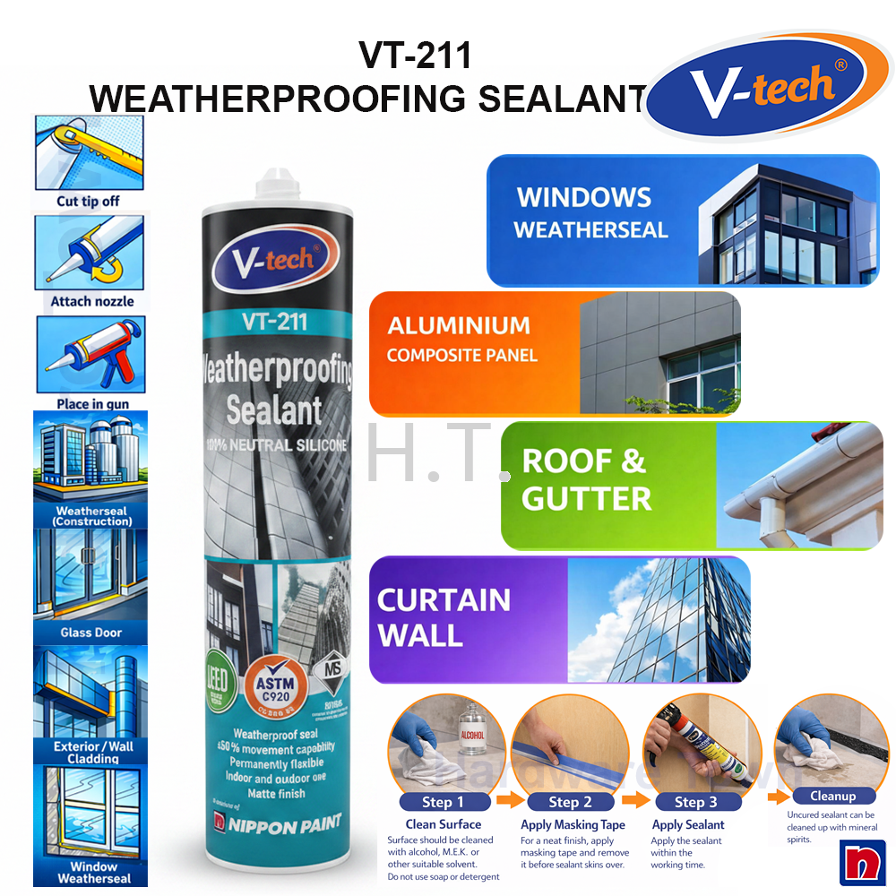 V-TECH VT-211 WEATHERPROOFING SEALANT MATTE BLACK 300ML | VTECH WATERPROOF SILICONE SEALANT | ROOF WINDOW GAP SEALER