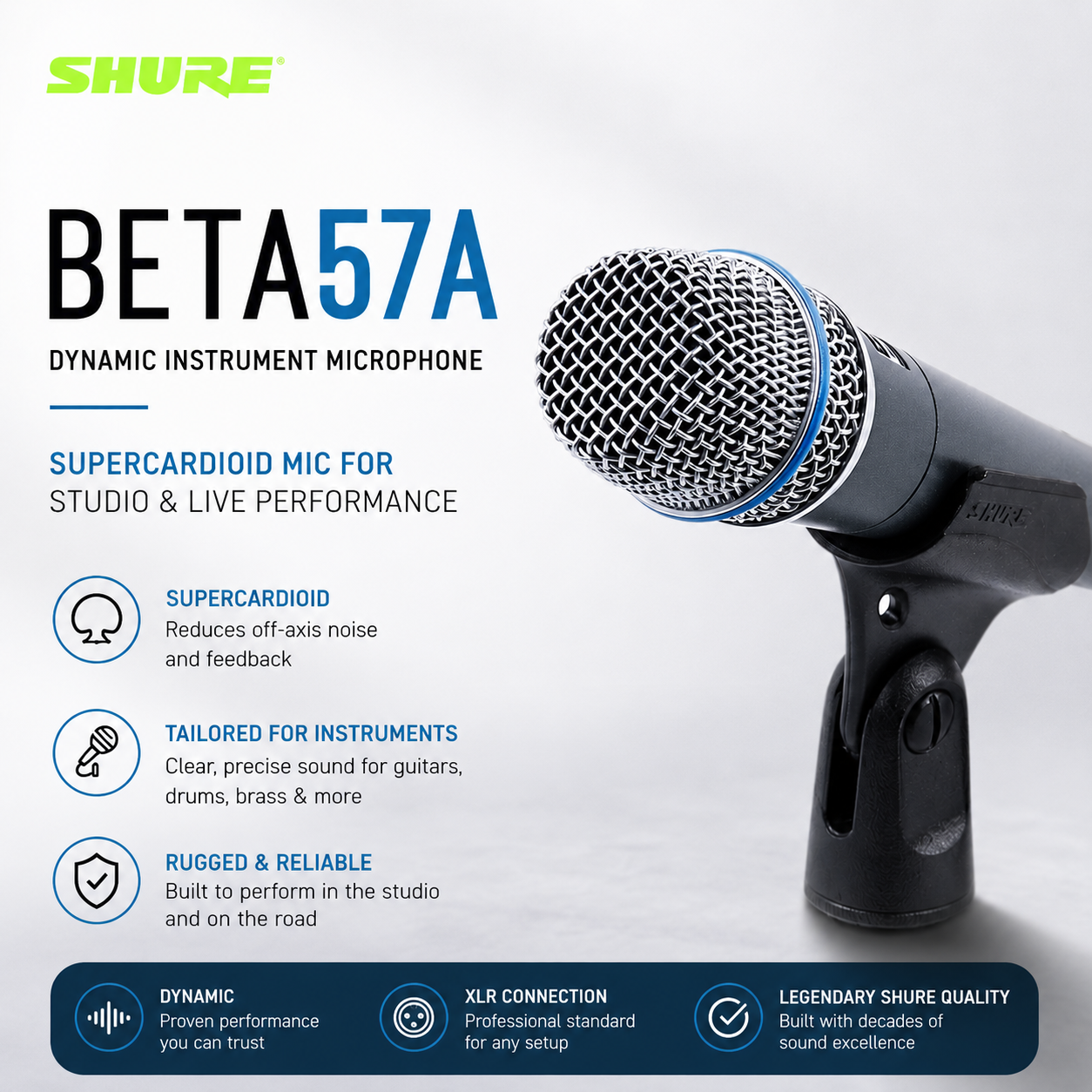 Shure Beta 57A Mikrofon Dinamik Instrumen & Vokal – Mikrofon Supercardioid untuk Studio & Persembahan Pentas