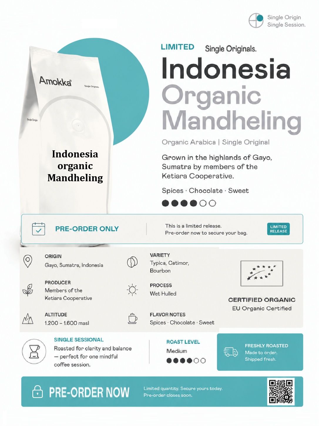 Amokka Organic Mandheling Single Origin Coffee Beans