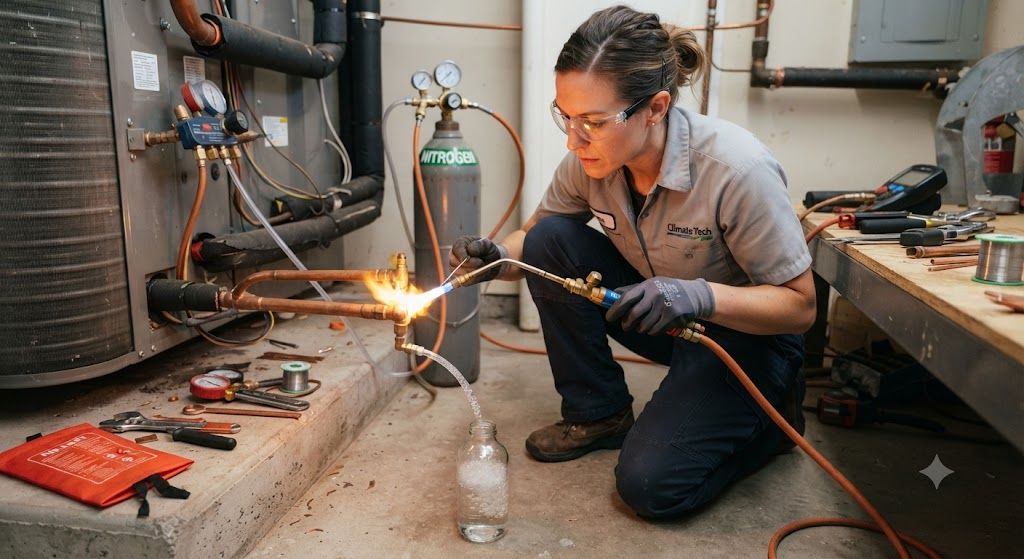 HVAC brazing nitrogen flow leak prevention