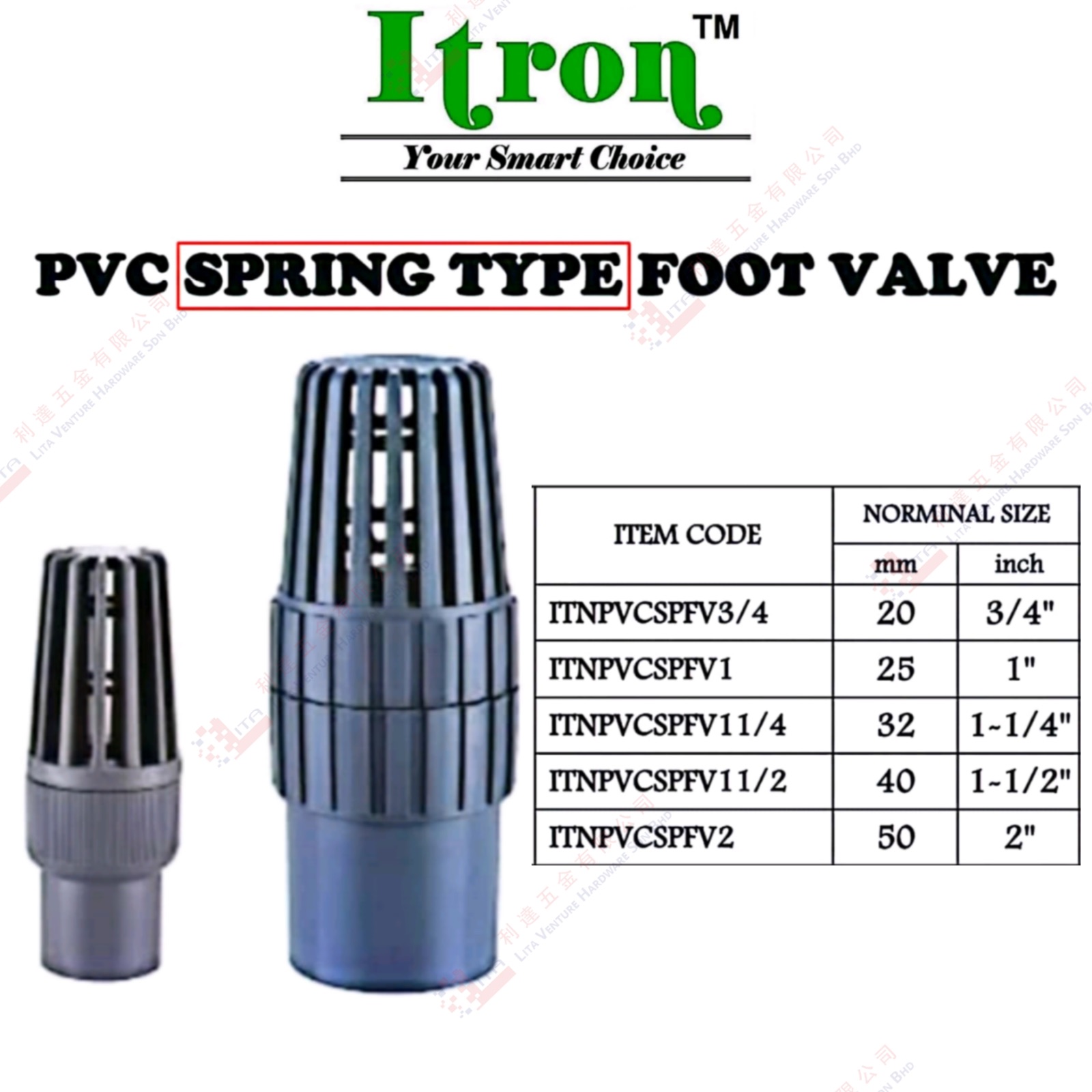 ITRON BRAND PVC SPRING TYPE FOOT VALVE - ITNPVCSPFV34 ITNPVCSPFV1 ITNPVCSPFV114 ITNPVCSPFV112 ITNPVCSPFV2