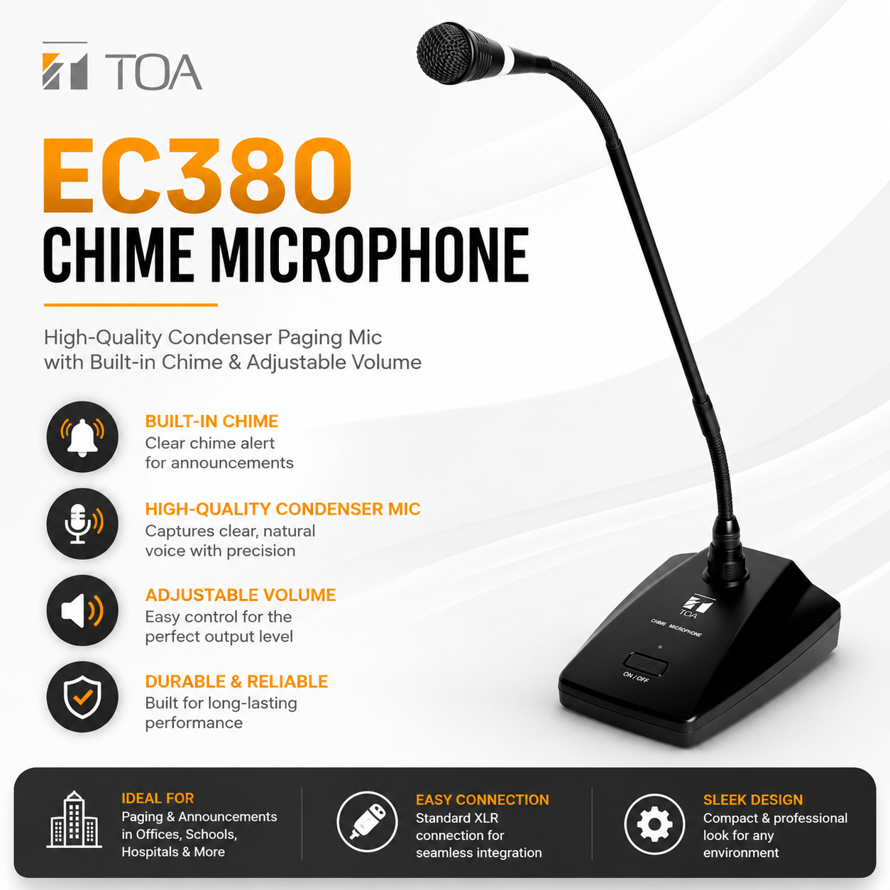 TOA EC380 Mikrofon Chime – Mikrofon Pengekod Pemeluwap Berkualiti Tinggi dengan Chime Terbina & Kawalan Volum Boleh Laras