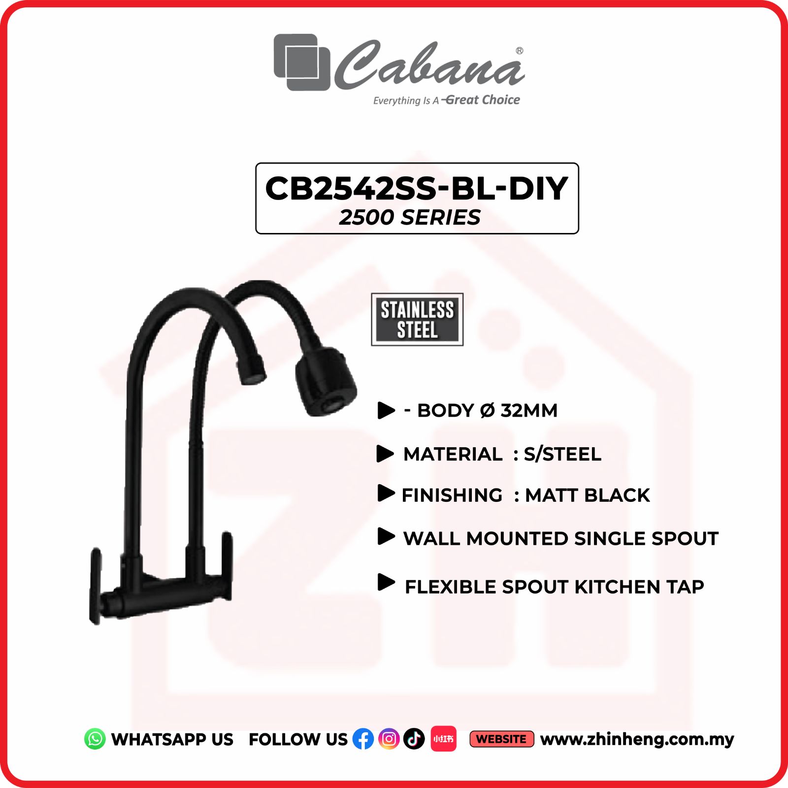 CABANA Wall Mounted Single Spout + Flexible Spout Kitchen Tap CB2542SS-BL-DIY