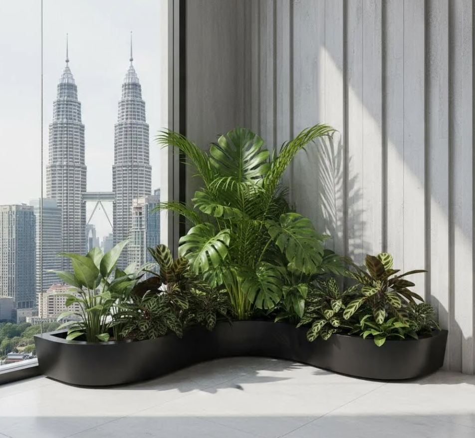Premium Curved Fiberglass Planter for Modern Landscapes 现代景观的高级弧形玻璃钢花盆 Penanam Gentian Kaca Lengkung Premium untuk Landskap Moden