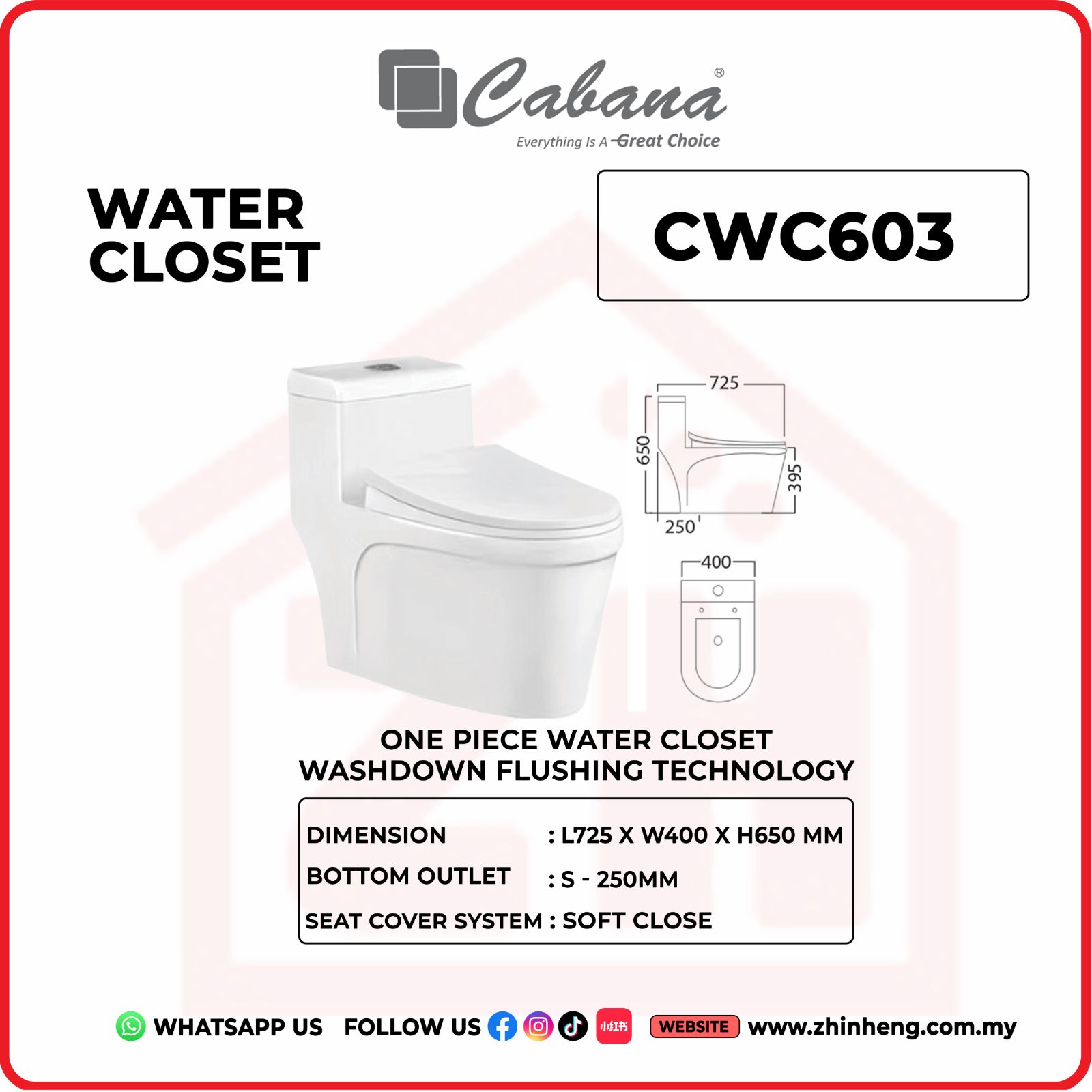 CABANA CWC603 ONE PIECE WATER CLOSET WASHDOWN WITH RIMLESS FLUSHING TECHNOLOGY