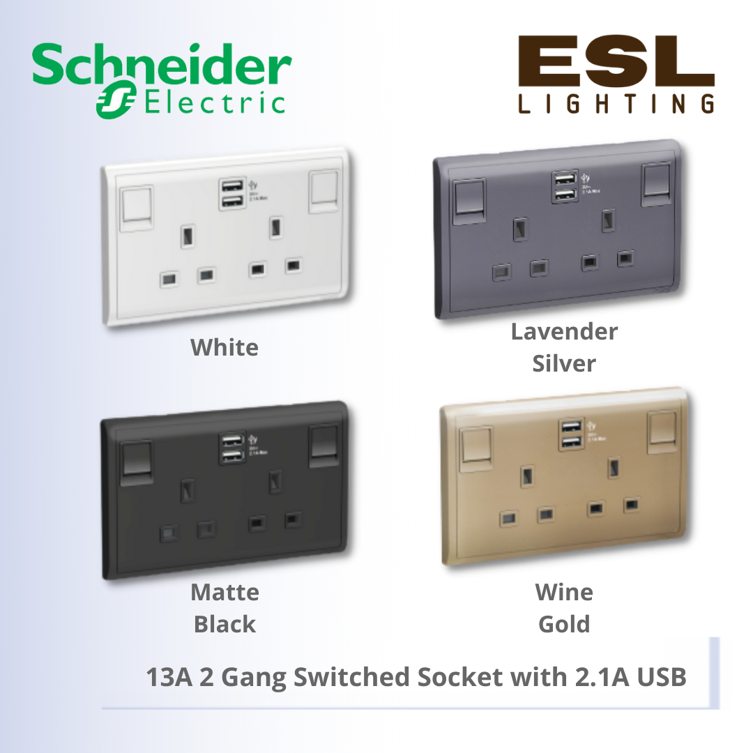 [DISCONTINUE] SCHNEIDER Pieno 13A 2 Gang Switched Socket with 2.1A USB - E82T25USB_LS_G11 E82T25USB_MB_G11 E82T25USB_WE_G11 E82T25USB_WG_G11