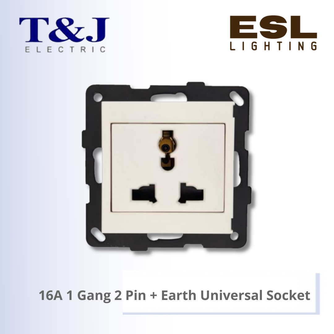 T&J LAVINA"95" SERIES 16A 1 Gang 2 Pin + Earth Universal Socket - JC818-W-LWH / JC818-W-LBL