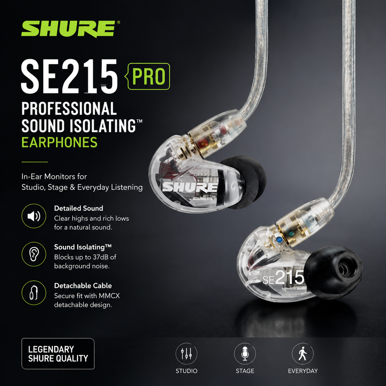 Shure SE215 Pro Fon Telinga Profesional dengan Teknologi Penebat Bunyi – In-Ear Monitor untuk Studio, Pentas & Harian