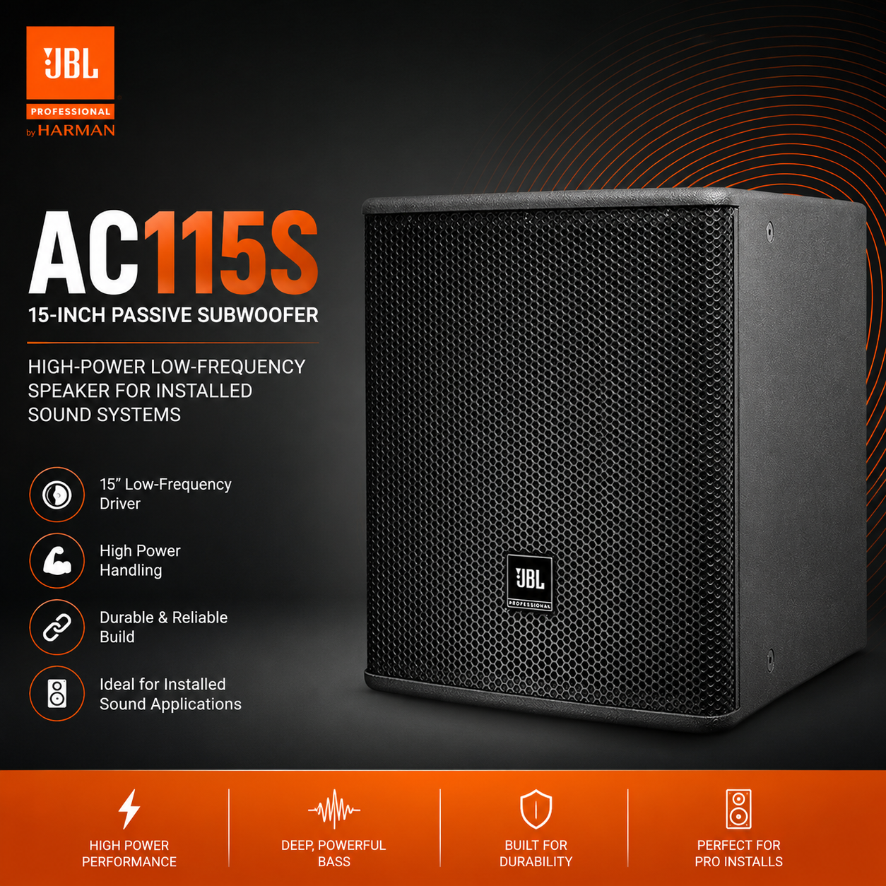 JBL AC115S 15-Inch Passive Subwoofer – High-Power Low-Frequency Speaker for Installed Sound Systems