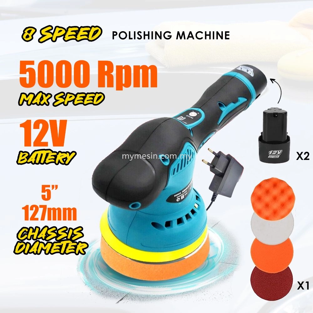 MY 12V Cordless Polisher 8 Speed Polish/Wax Machine Pengilat Kereta Rechargeable Battery C/W Accessories