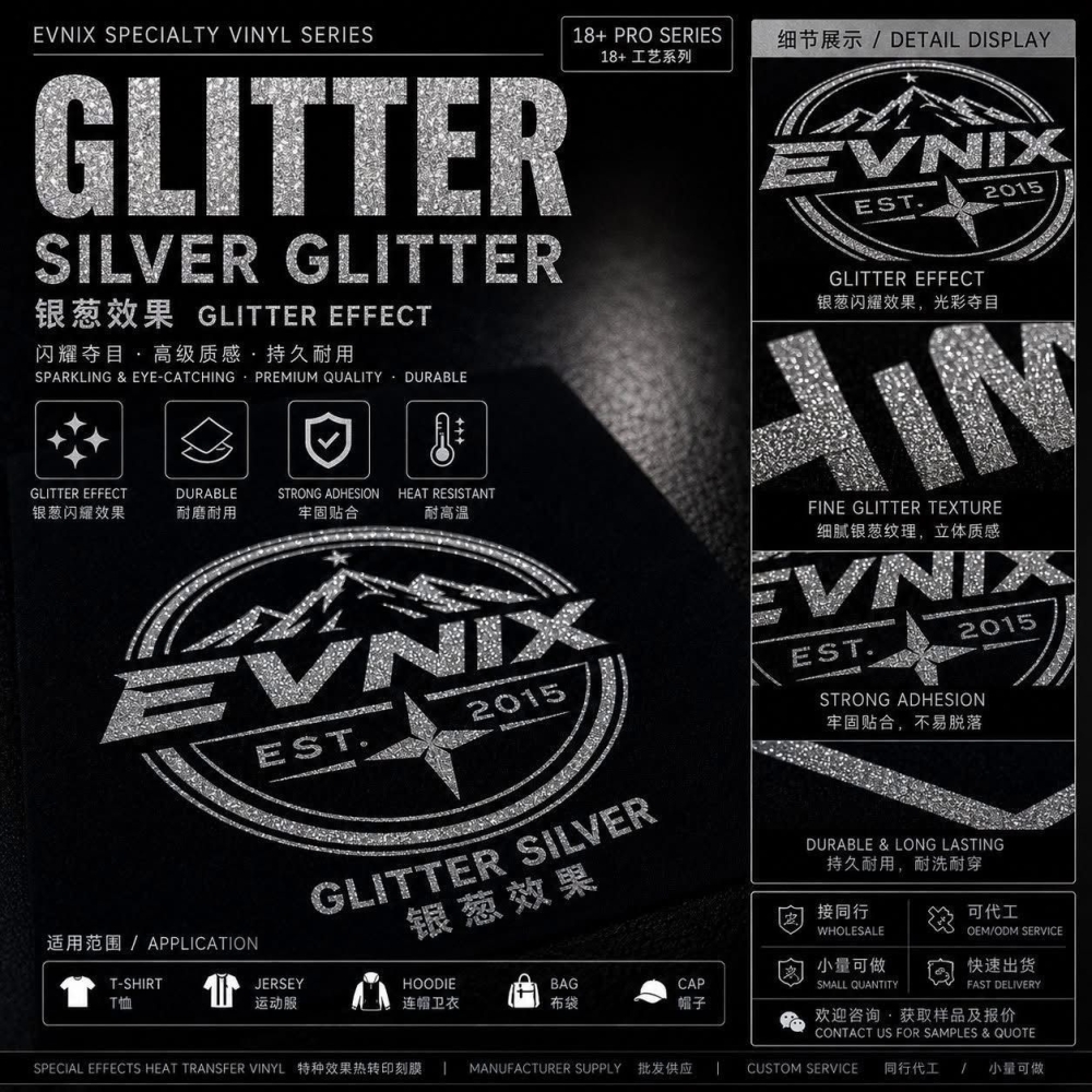 Silver Glitter Heat Transfer Vinyl (HTV) Malaysia | Premium Glitter Logo Printing