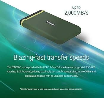 Transcend ESD380C Portable SSD (USB 3.2 Gen 2x2 USB Type-C) - USB Attached SCSI Protocol, Read / Write : Up to 2,000 MB/s.Meet US milatary drop-test standard,, 5Y