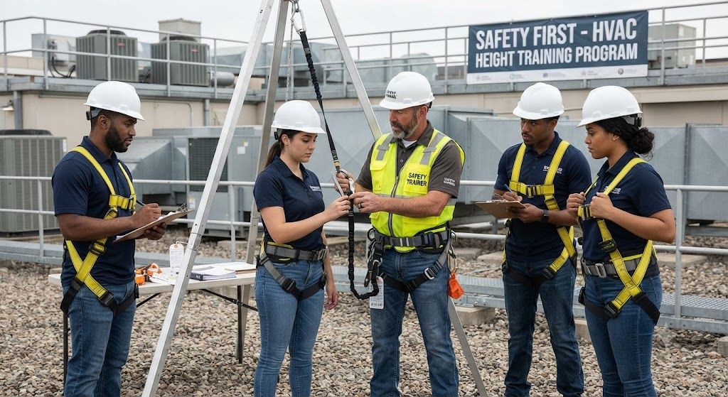 HVAC safety training harness and lanyard use