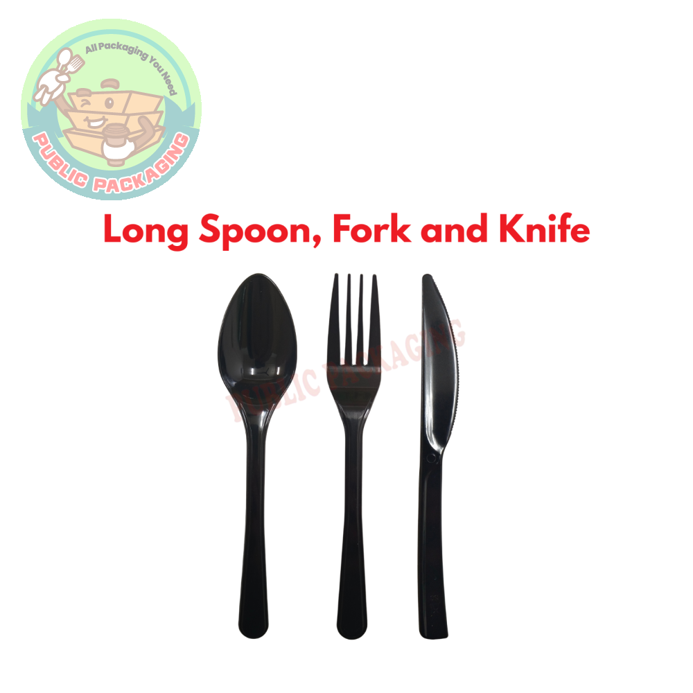 Apple Heavy Duty Thick Black Long Spoon / Fork / Disposable Plastic Cutlery (50pcs卤)