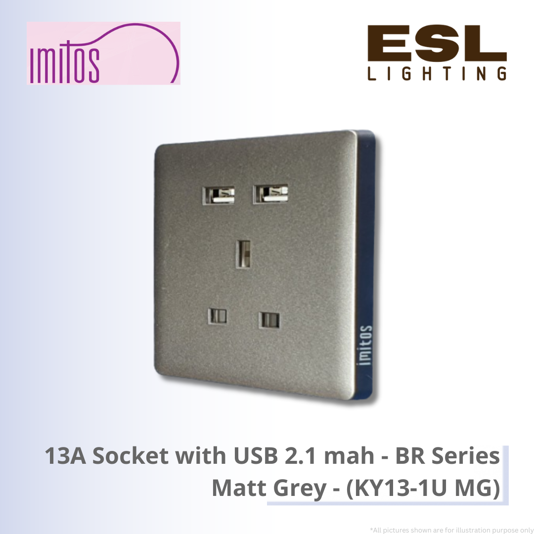 IMITOS 13A Socket with USB 2.1 mah (BR Series) Matt Grey - KY13-1U MG