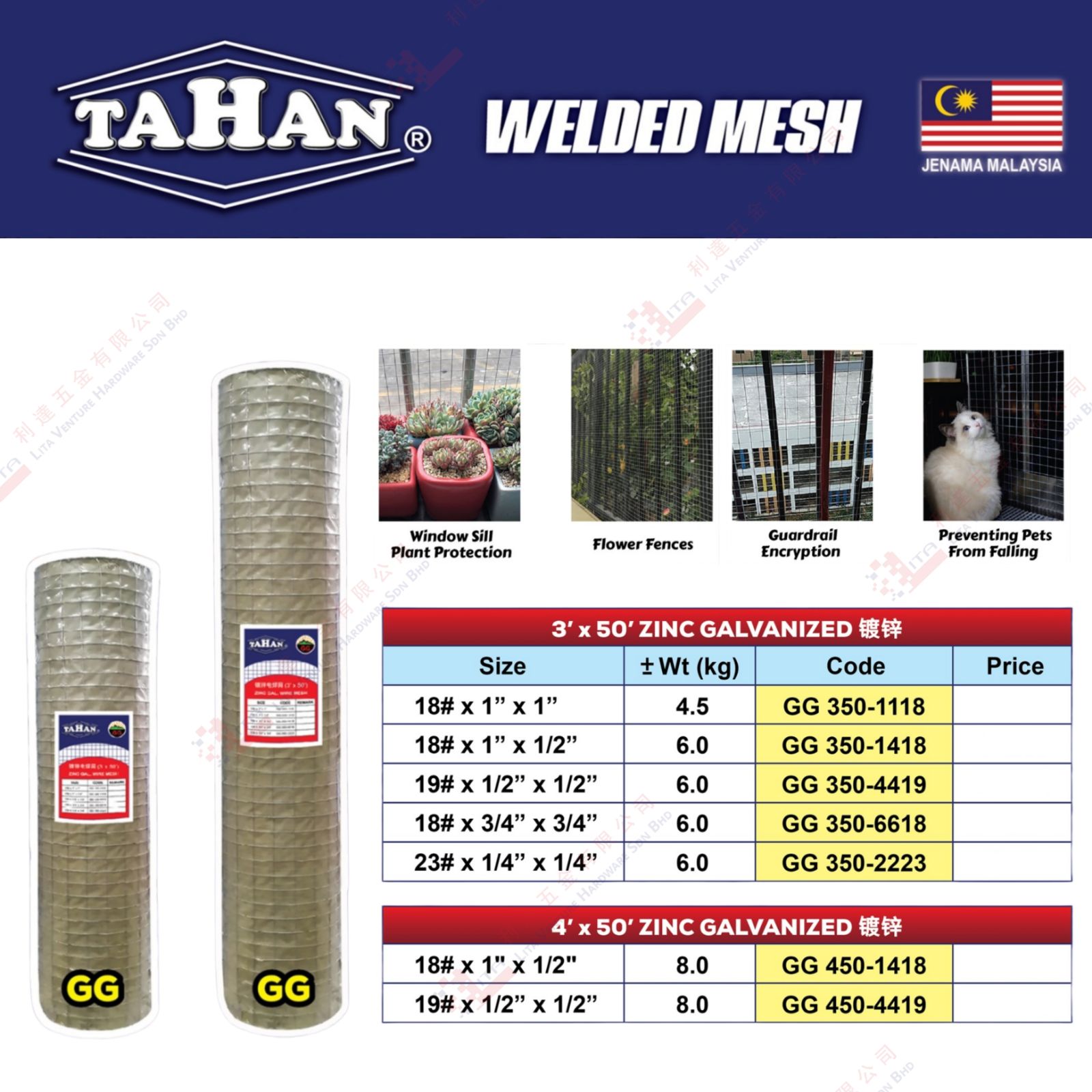 TAHAN BRAND ZINC GALVANIZED - GG3501118 GG3501418 GG3504419 GG3506618 GG3502223 GG4501418 GG4504419