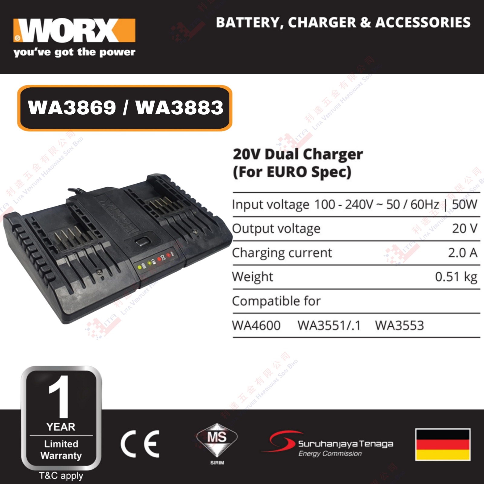WORX BRAND 20V DUAL CHARGER - WA3869 WA3883