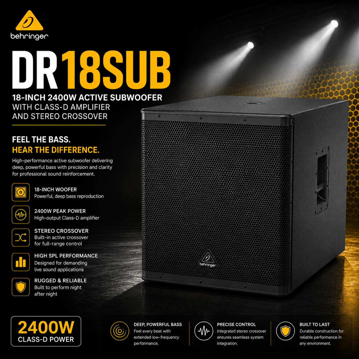 Behringer DR18SUB – Subwoofer Aktif 18-Inci 2400W dengan Amplifier Kelas-D dan Penapis Frekuensi Stereo