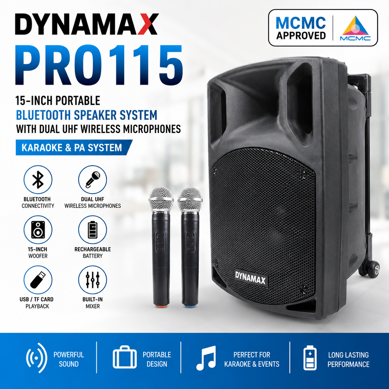 (Diluluskan MCMC) DYNAMAX PRO115 – Pembesar Suara Bluetooth Mudah Alih 15 Inci dengan 2 Mikrofon Tanpa Wayar | Karaoke & Sistem PA