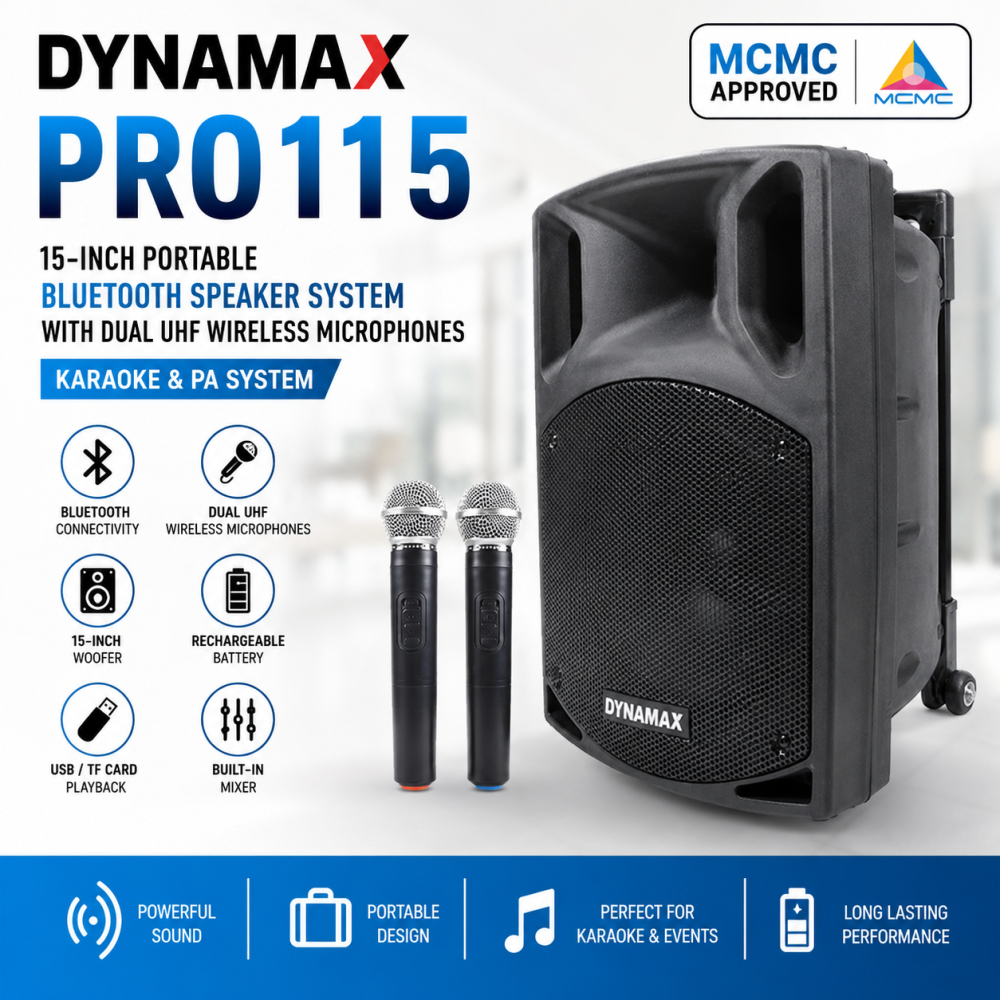 (MCMC Approved) DYNAMAX PRO115 – 15-Inch Portable Bluetooth Speaker System with Dual UHF Wireless Microphones | Karaoke & PA System