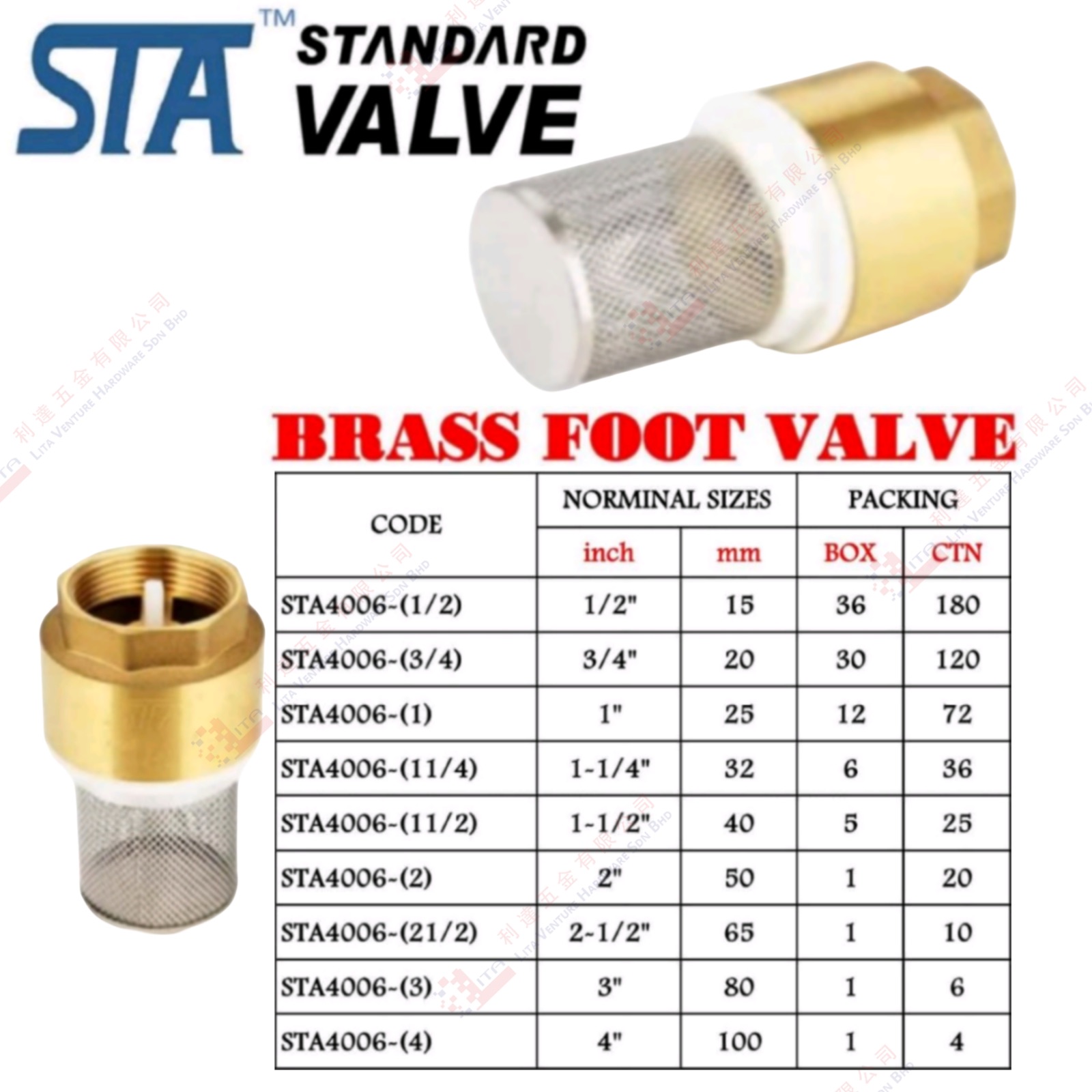 STA BRAND BRASS FOOT VALVE - STA400612 STA400634 STA40061 STA4006114 STA4006112 STA40062 STA4006212 STA40063 STA40064