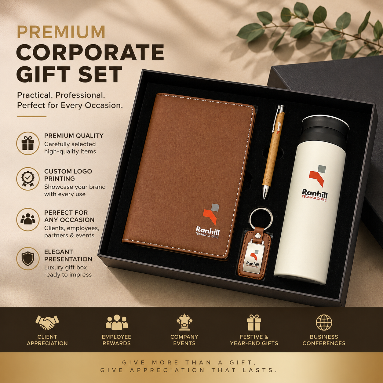Premium Corporate Gift Set with Notebook, Metal Pen, Key Holder and Thermal Flask