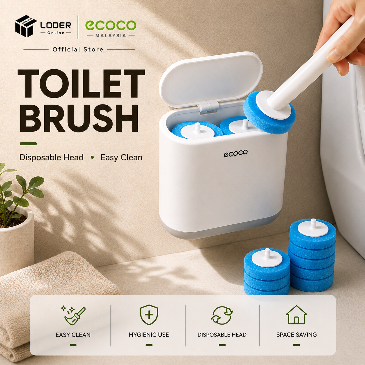 LODER ECOCO Wall-Mounted Disposable Toilet Brush Set 360 No-Dead Corner Replacement Brush head
