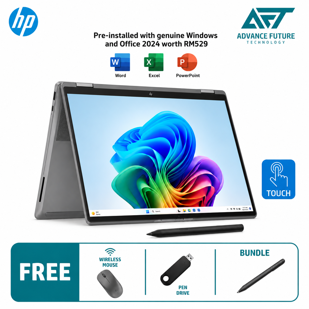 HP OmniBook X Flip 14-fb0031TU 14'' 2K AI Touch 2-In-1 Laptop Meteor Silver ( Intel Core Ultra 7 355 ,16GB, 512GB SSD, Intel, W11, H&S 2024&M365 )