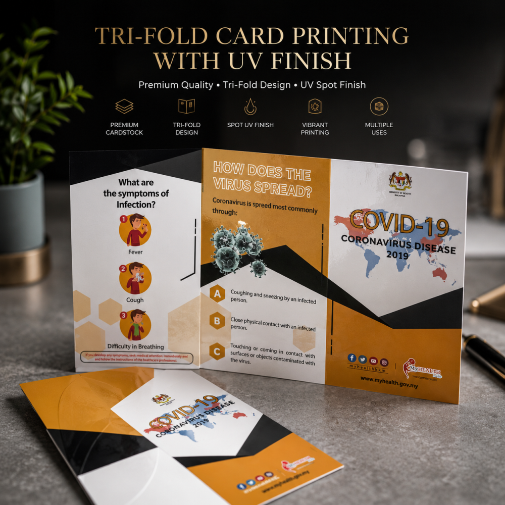 Custom Tri-Fold Card Printing with UV Finish | Premium Pocket Marketing & Information Cards