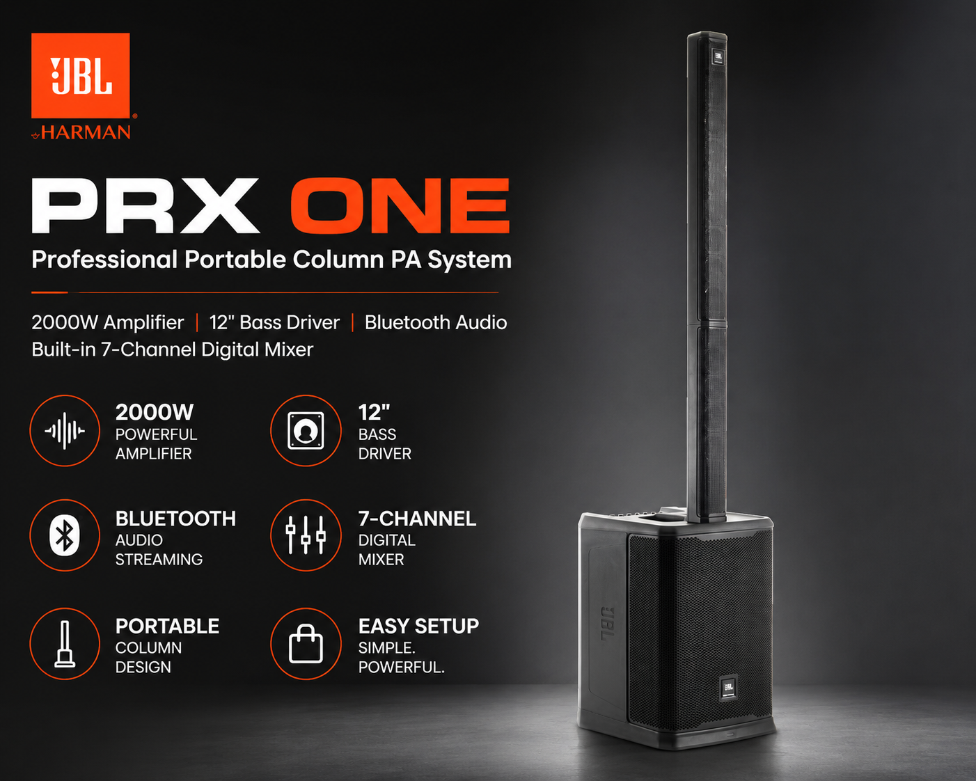 JBL PRX ONE – Professional Portable Column PA System with 2000W Amplifier, 12" Bass Driver, Bluetooth Audio & Built-in 7-Channel Digital Mixer