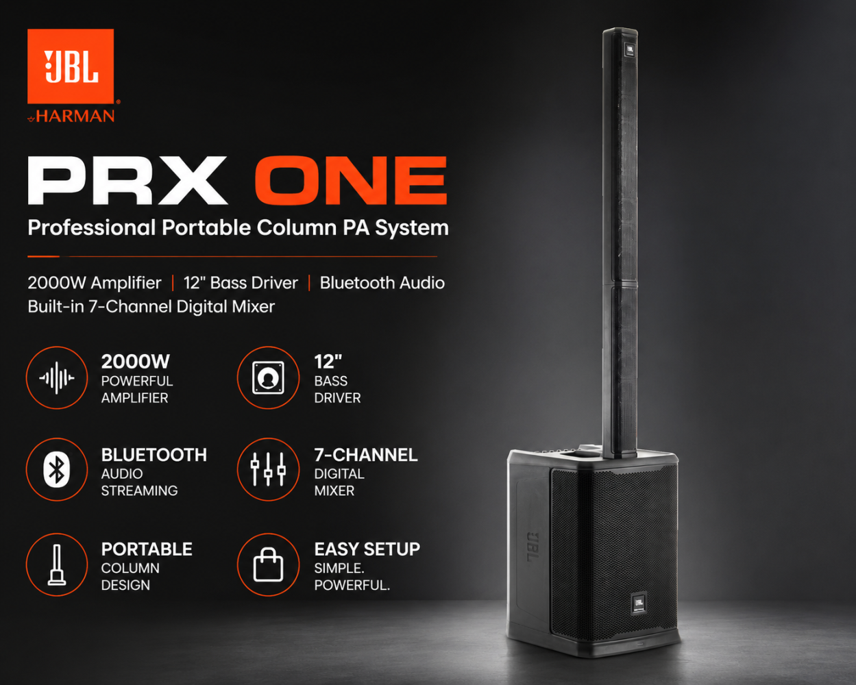 JBL PRX ONE – Professional Portable Column PA System with 2000W Amplifier, 12" Bass Driver, Bluetooth Audio & Built-in 7-Channel Digital Mixer