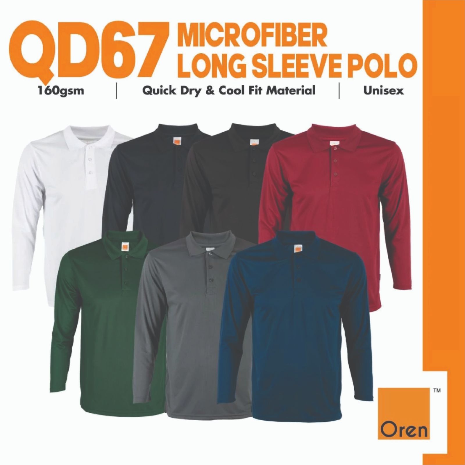 OREN SPORT QD67 Premium Quick Dry Long Sleeve Polo QD67 Unisex Side Seamed Microfiber Polo Long Sleeve T-Shirt