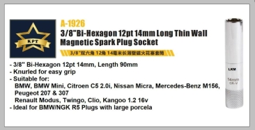 [LOCAL] KPT 3/8" Bi-Hexagon 12pt 14mm Long Thin Wall Magnetic Spark Plug Socket A-1926