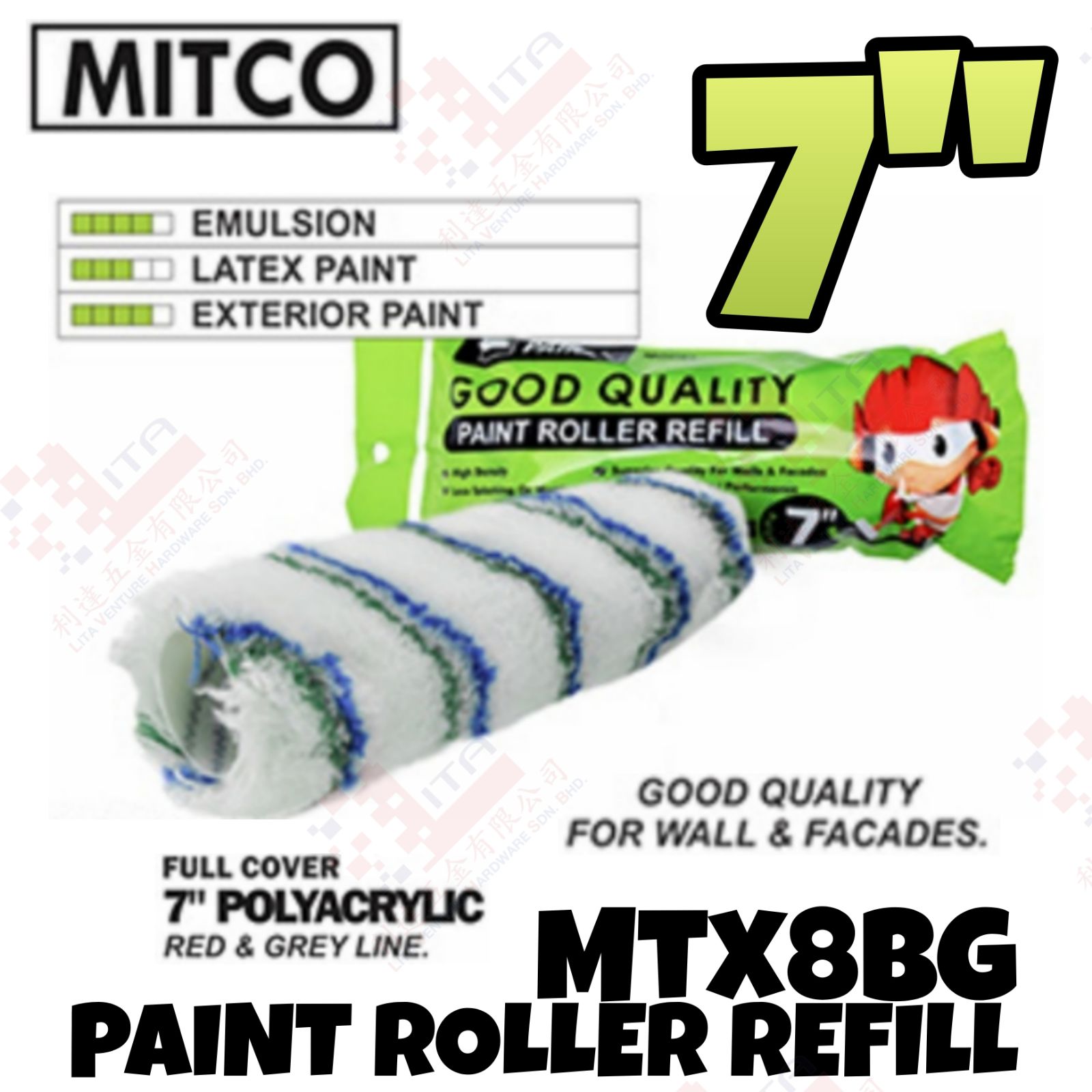 MITCO BRAND 7'' POLYACRYLIC PAINT ROLLER REFLL - MTX8BG