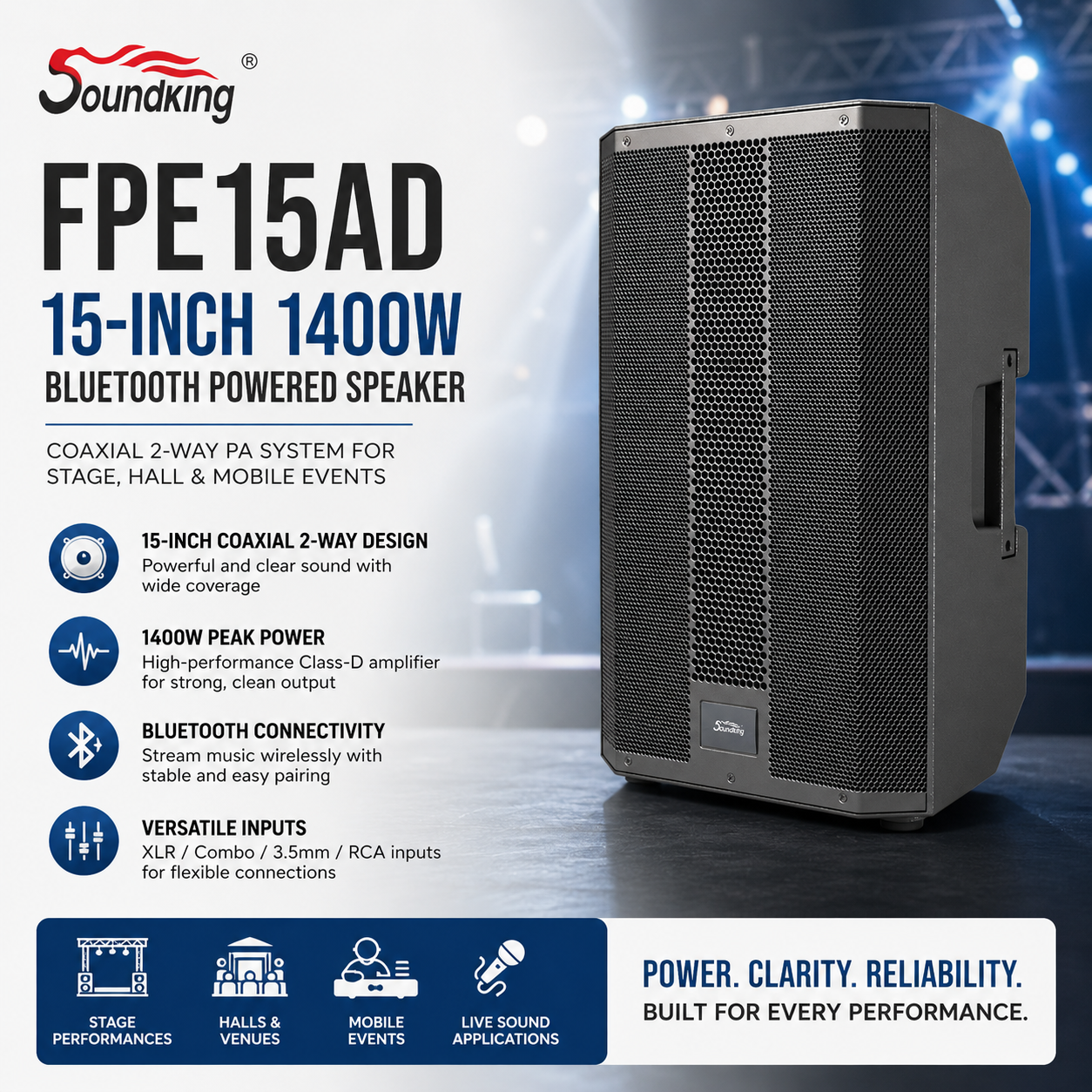 Soundking FPE15AD Pembesar Suara Aktif 15-Inci 1400W Bluetooth – Speaker PA Coaxial untuk Pentas, Dewan & Kegunaan Mudah Alih