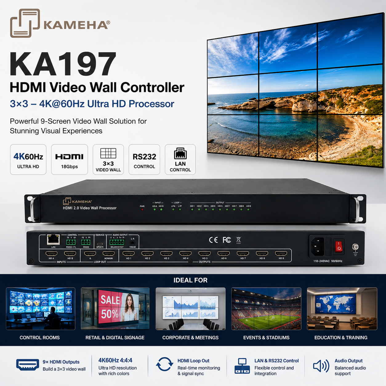 KAMEHA KA197 HDMI 3×3 视频拼接控制器 – 4K@60Hz 超高清处理器