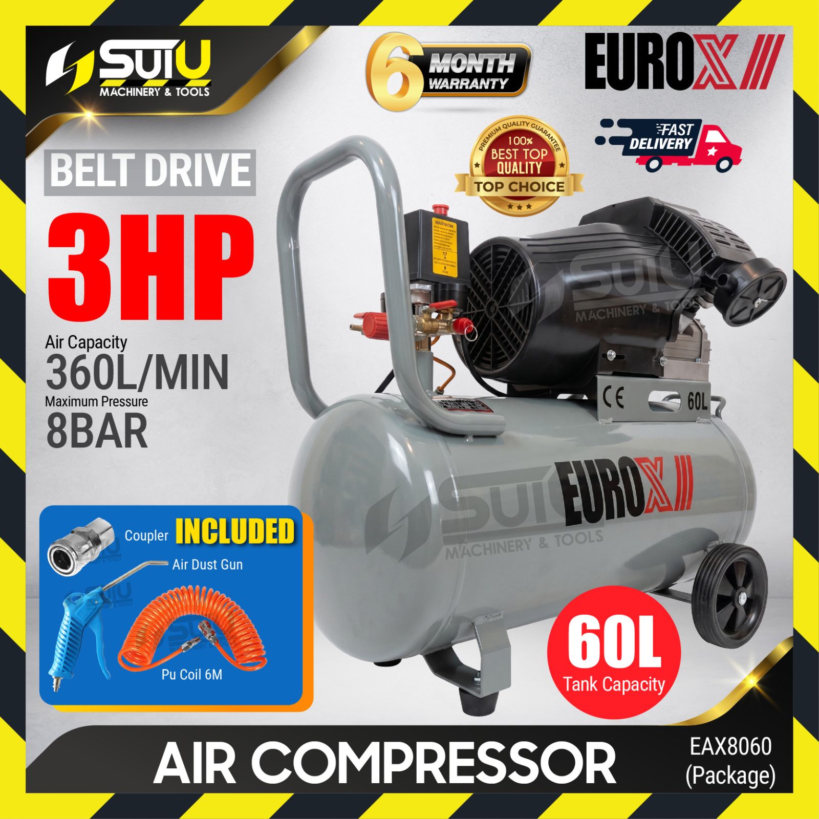 EUROX EAX8060 / EAX-8060 60L 3HP Twin Head Air Compressor 8bar