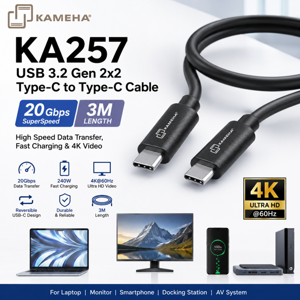 KAMEHA KA257 USB 3.2 Gen 2x2 Type-C to Type-C Cable 3M 20Gbps 240W Fast Charging 4K@60Hz Video USB-C Cable for Laptop, Monitor & AV System