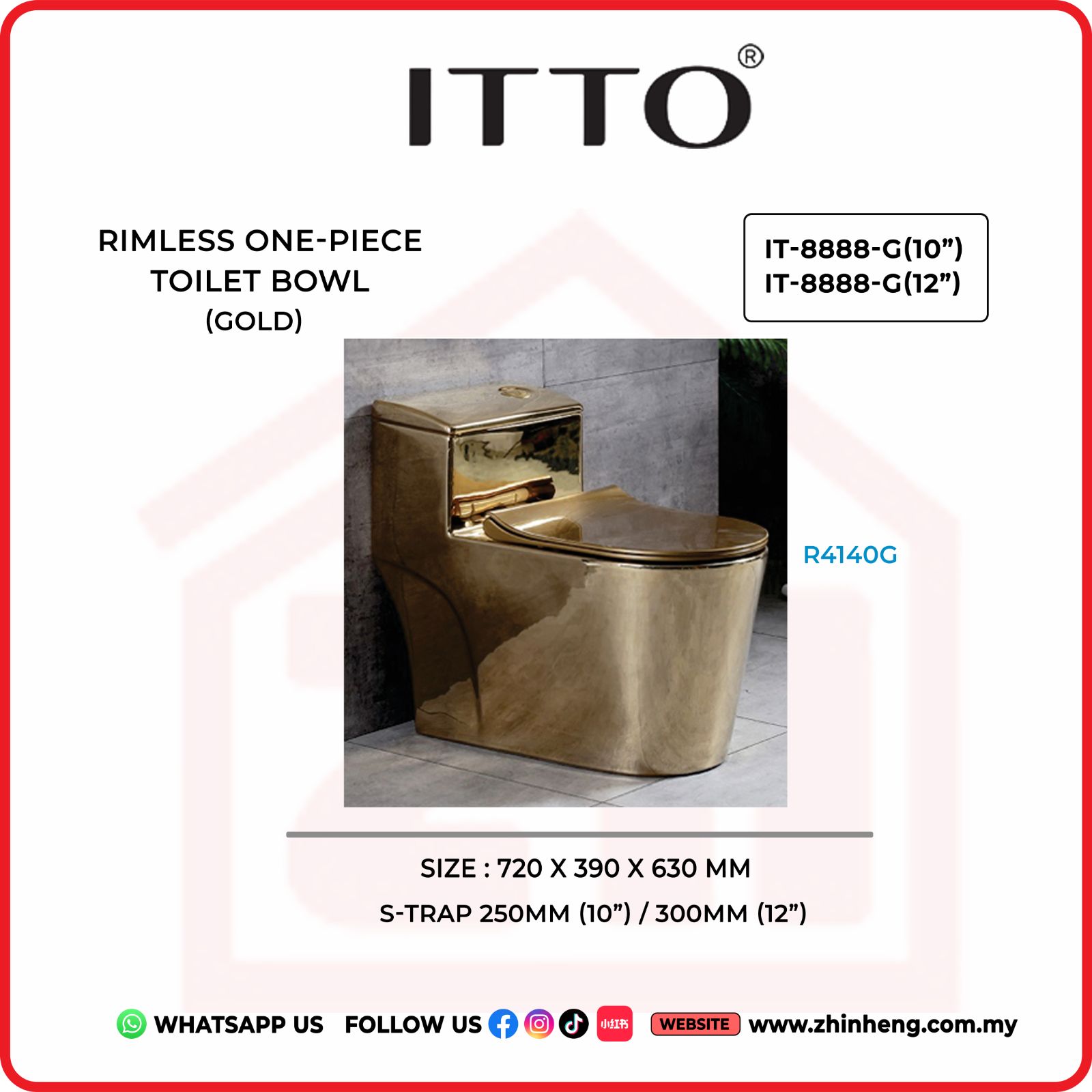 ITTO RIMLESS ONE PIECE TOILET BOWL IT-8888-G(10") & IT-8888-G(12")